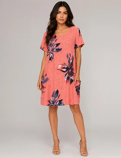 Robe Ballon Coton Imprimé Floral Manches Courtes & Poches Plaquées par Froccella