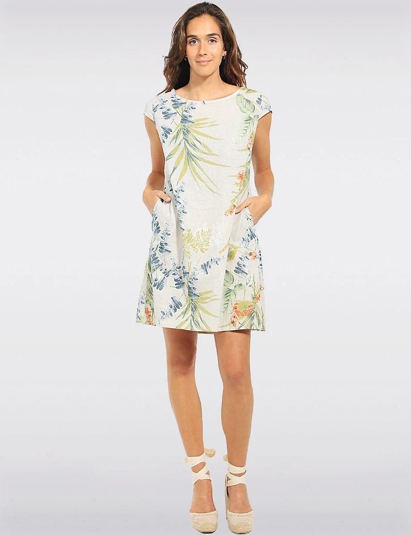 Robe en Mélange Lin à Imprimé Floral Manches Courtes Avec Poches par Froccella