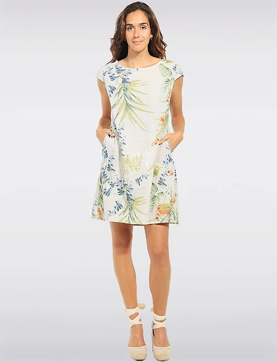 Robe en Mélange Lin à Imprimé Floral Manches Courtes Avec Poches par Froccella