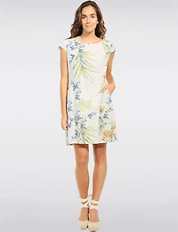 Robe en Mélange Lin à Imprimé Floral Manches Courtes Avec Poches par Froccella