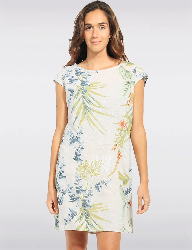 Robe en Mélange Lin à Imprimé Floral Manches Courtes Avec Poches par Froccella