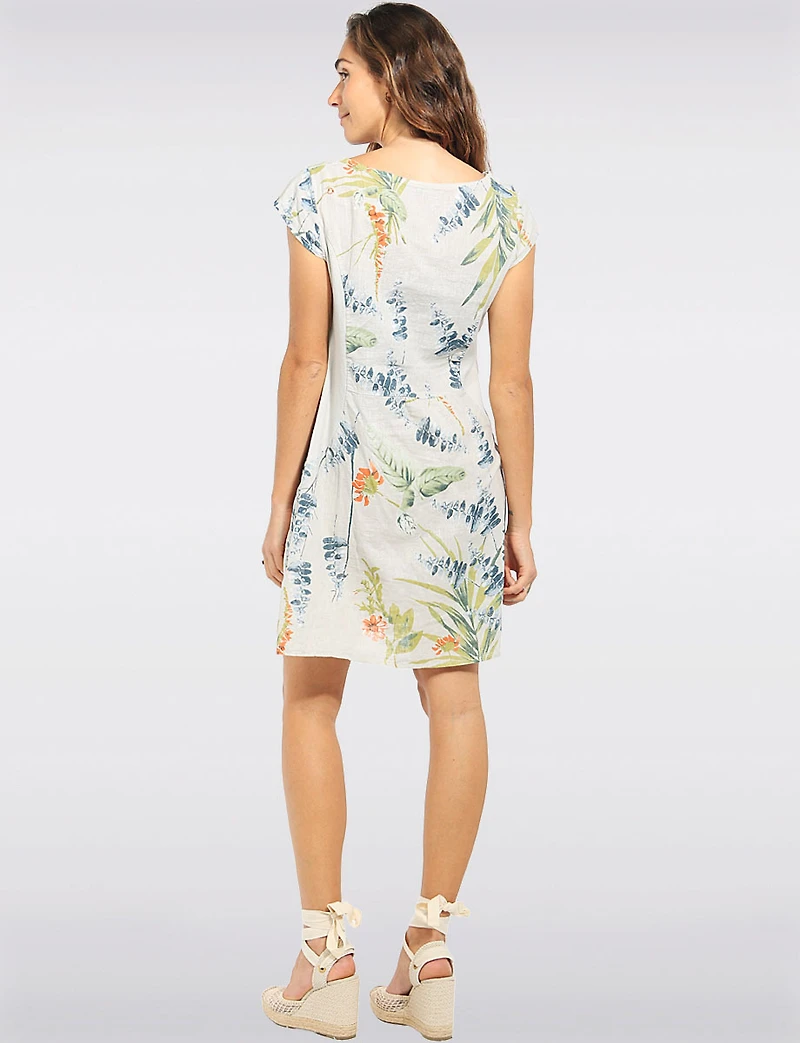 Robe en Mélange Lin à Imprimé Floral Manches Courtes Avec Poches par Froccella