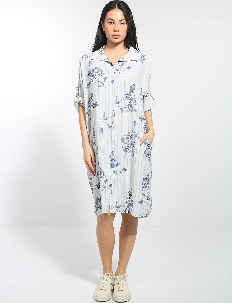 Robe Chemise Ample Fleurie Rayée à Manches Retroussables et Poches par Froccella