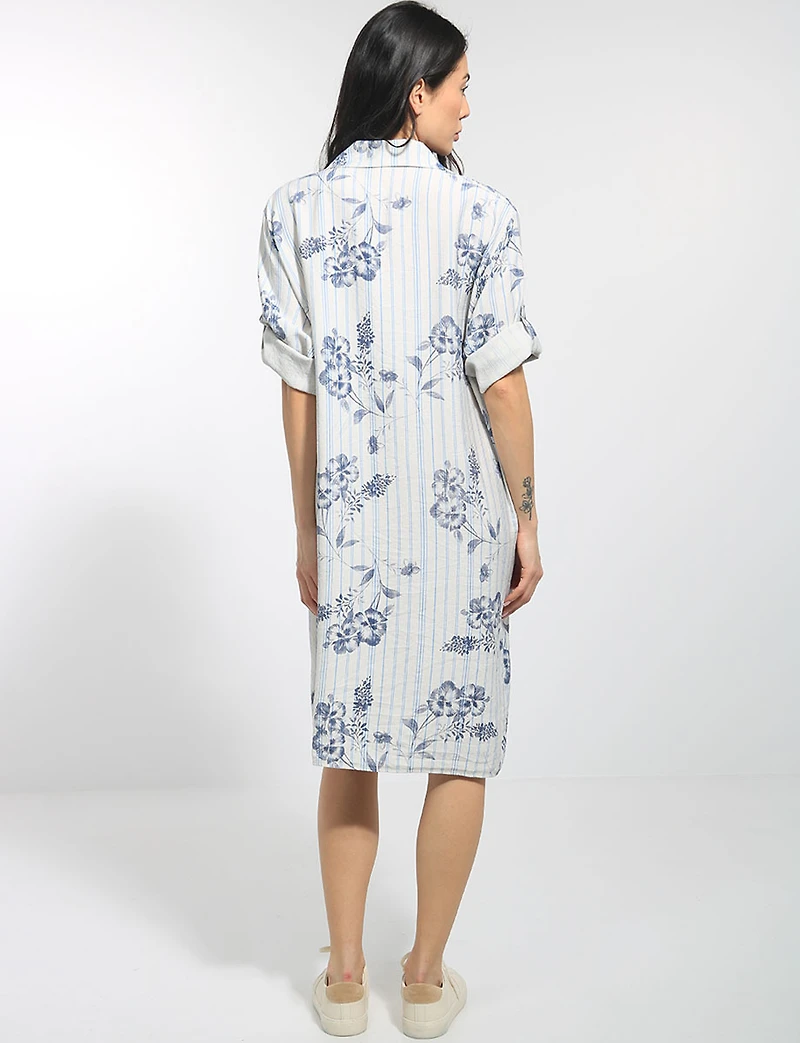 Robe Chemise Ample Fleurie Rayée à Manches Retroussables et Poches par Froccella