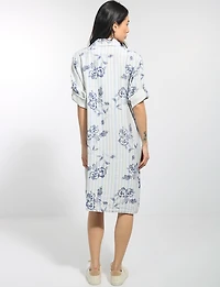 Robe Chemise Ample Fleurie Rayée à Manches Retroussables et Poches par Froccella