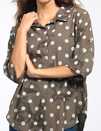 Chemise Fleurie  Pois Boutonnée Manches Retroussables Ample par Froccella