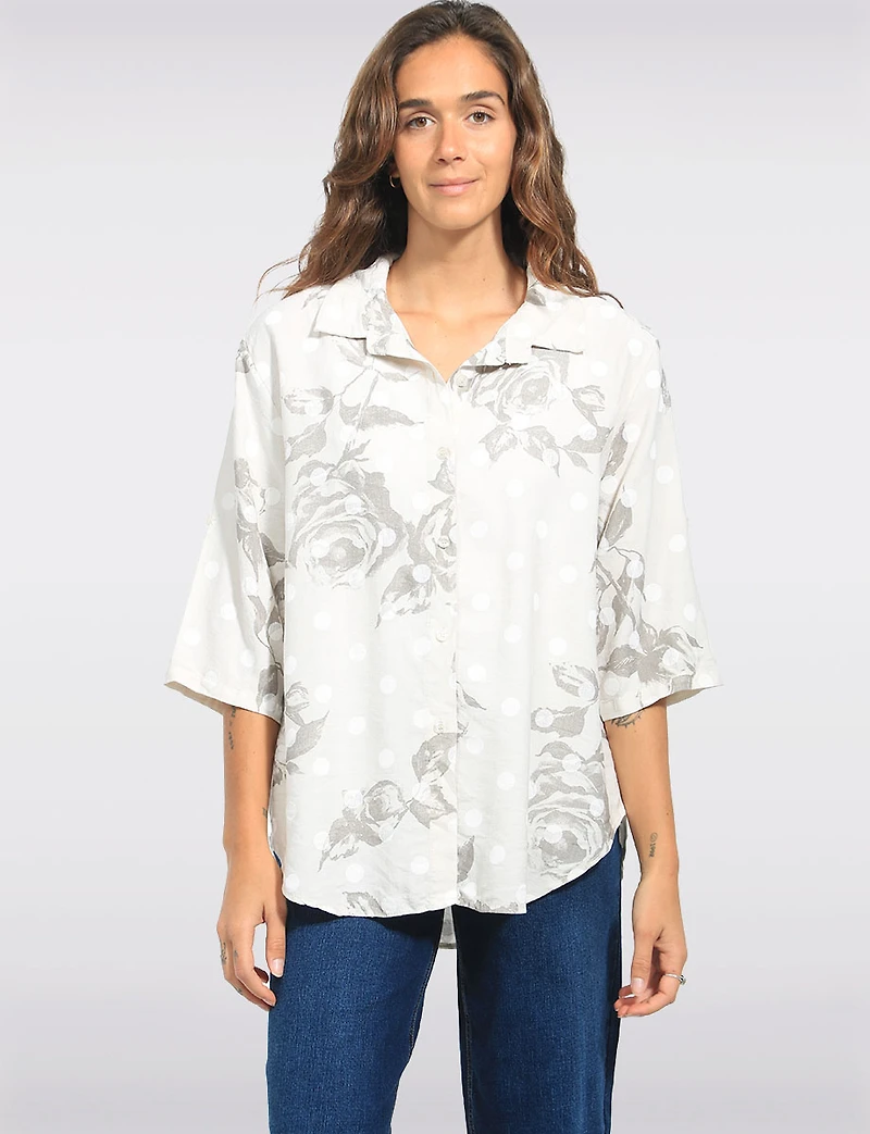 Chemise Fleurie Pois Boutonnée Manches Retroussables Ample par Froccella