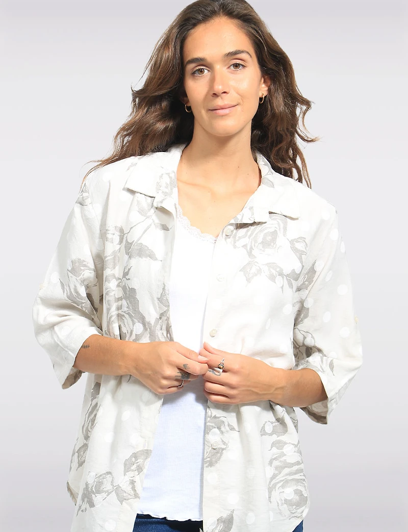 Chemise Fleurie Pois Boutonnée Manches Retroussables Ample par Froccella