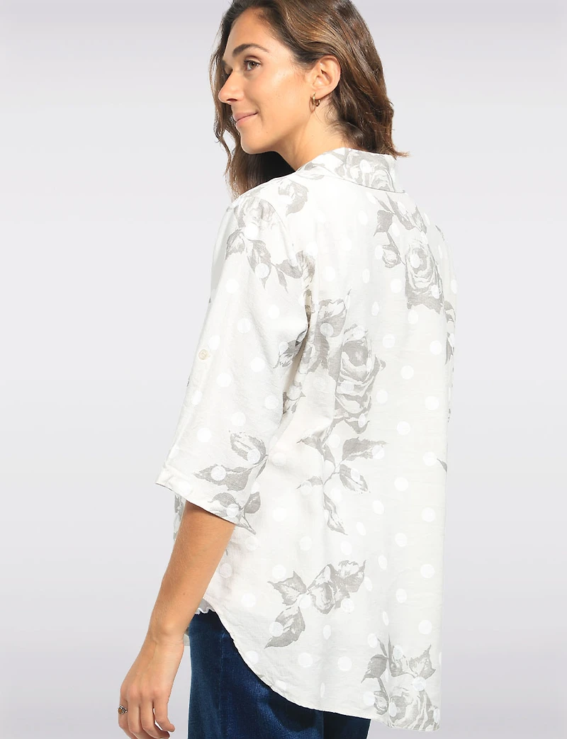 Chemise Fleurie Pois Boutonnée Manches Retroussables Ample par Froccella