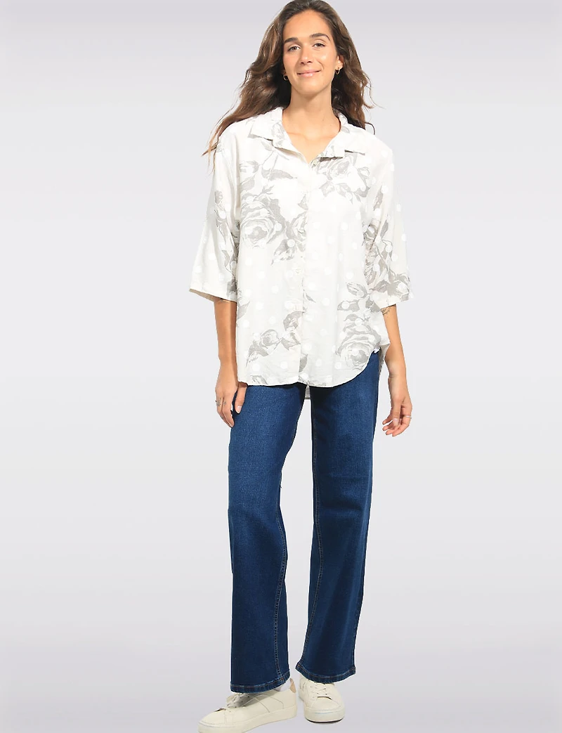 Chemise Fleurie Pois Boutonnée Manches Retroussables Ample par Froccella