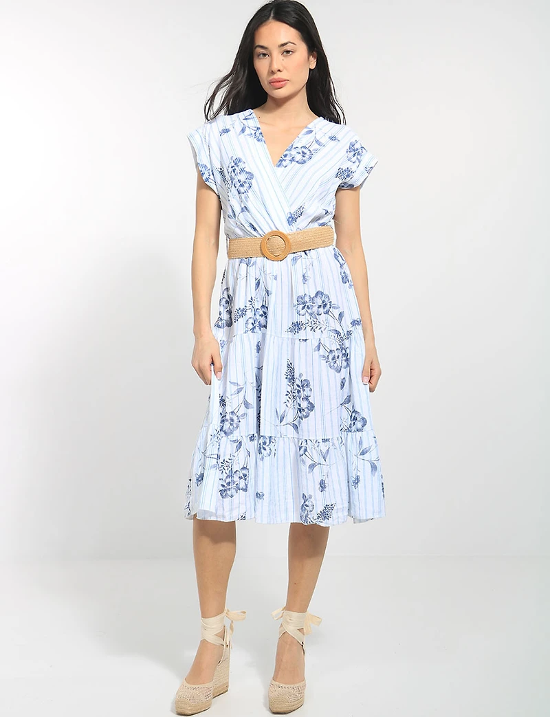 Robe Midi Fleurie Rayée Col V Cache-Cœur Manches Courtes Ceinturée par Froccella