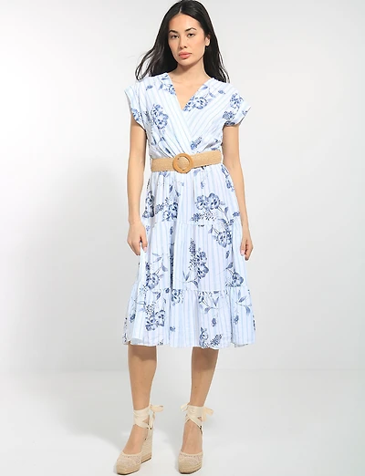 Robe Midi Fleurie Rayée Col V Cache-Cœur Manches Courtes Ceinturée par Froccella