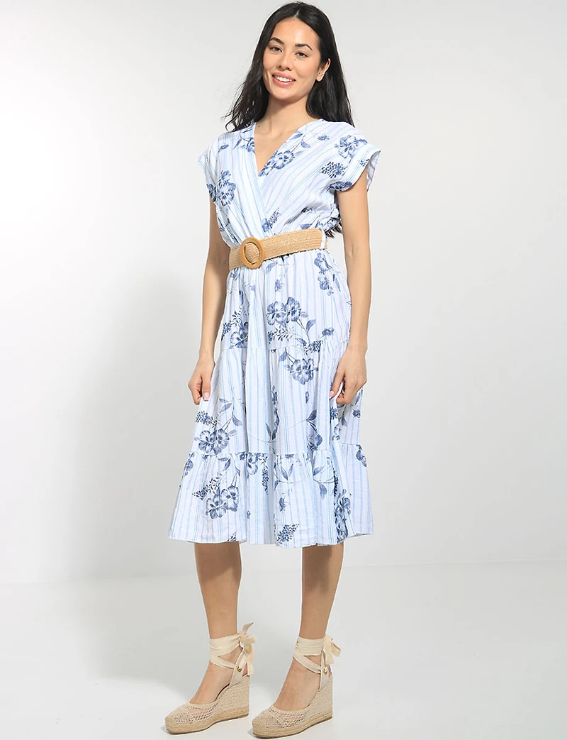 Robe Midi Fleurie Rayée Col V Cache-Cœur Manches Courtes Ceinturée par Froccella