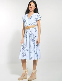 Robe Midi Fleurie Rayée Col V Cache-Cœur Manches Courtes Ceinturée par Froccella