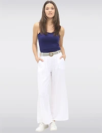 Pantalon Décontracté à Jambe Ample en Lin avec Ceinture Boucle par Froccella