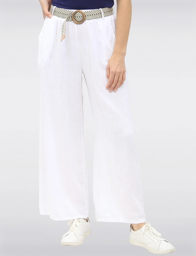 Pantalon Décontracté à Jambe Ample en Lin avec Ceinture Boucle par Froccella