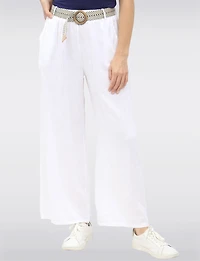 Pantalon Décontracté à Jambe Ample en Lin avec Ceinture Boucle par Froccella
