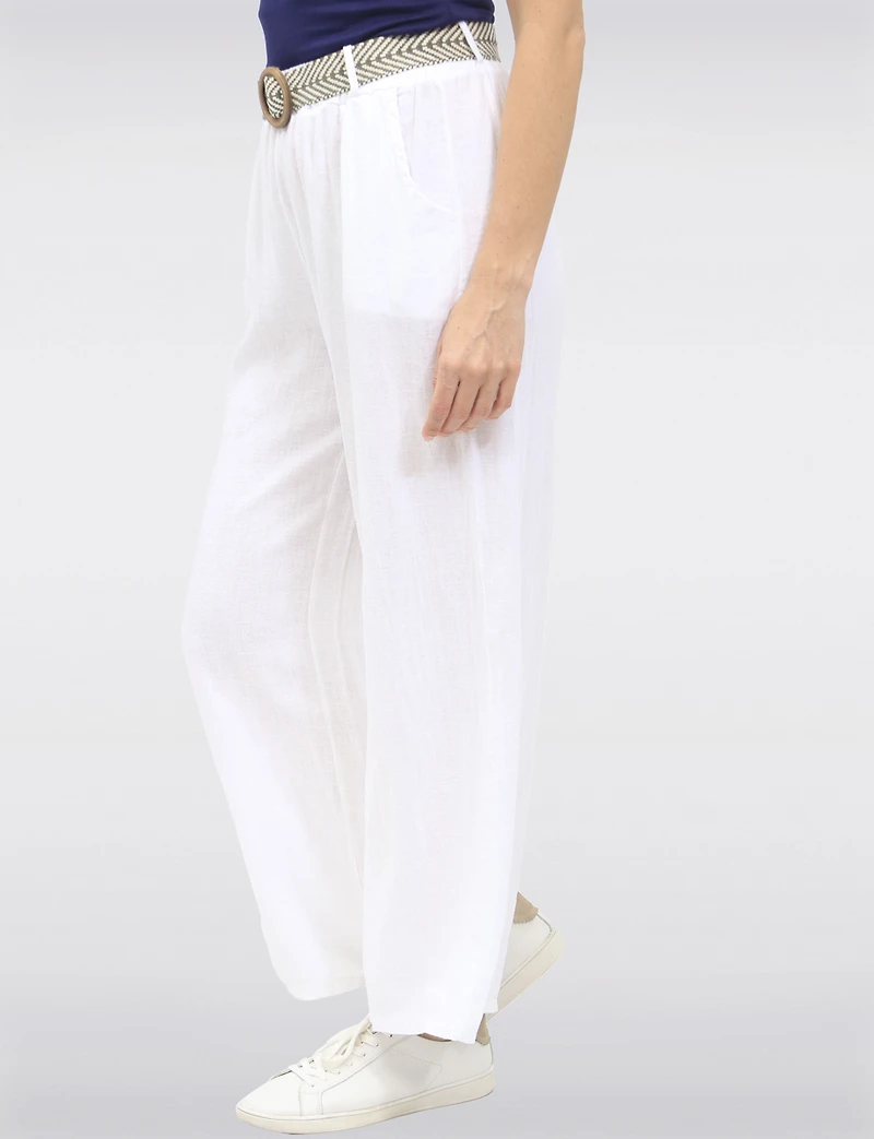 Pantalon Décontracté à Jambe Ample en Lin avec Ceinture Boucle par Froccella