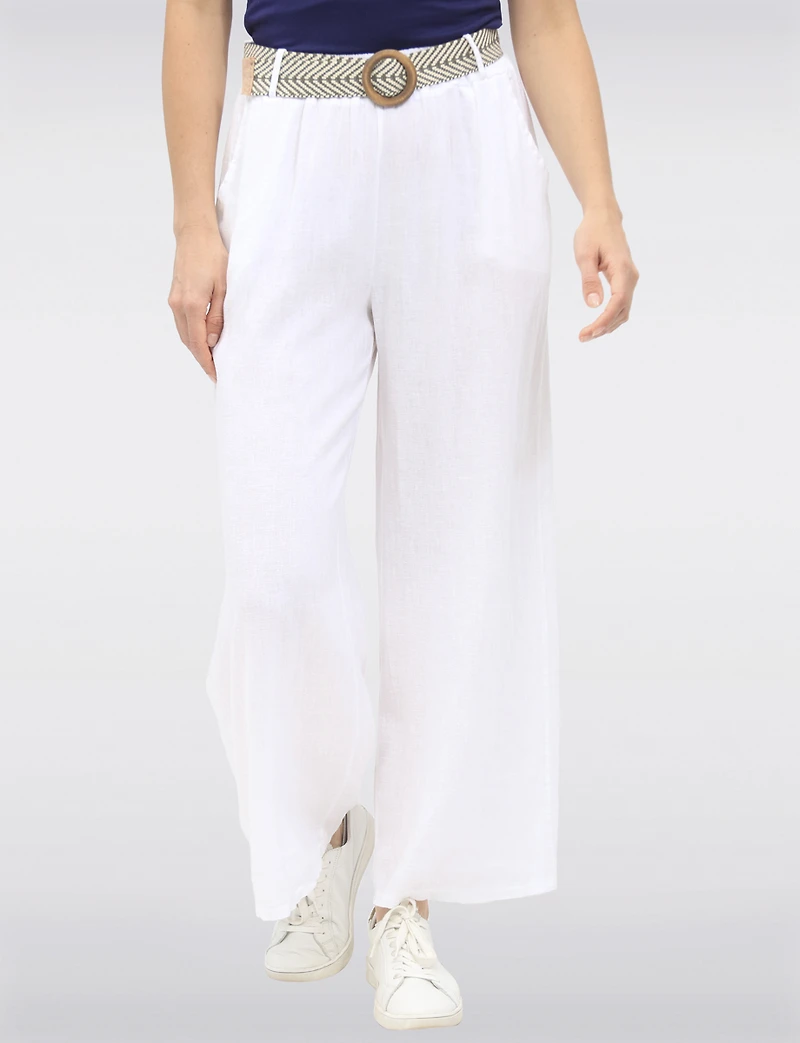 Pantalon Décontracté à Jambe Ample en Lin avec Ceinture Boucle par Froccella