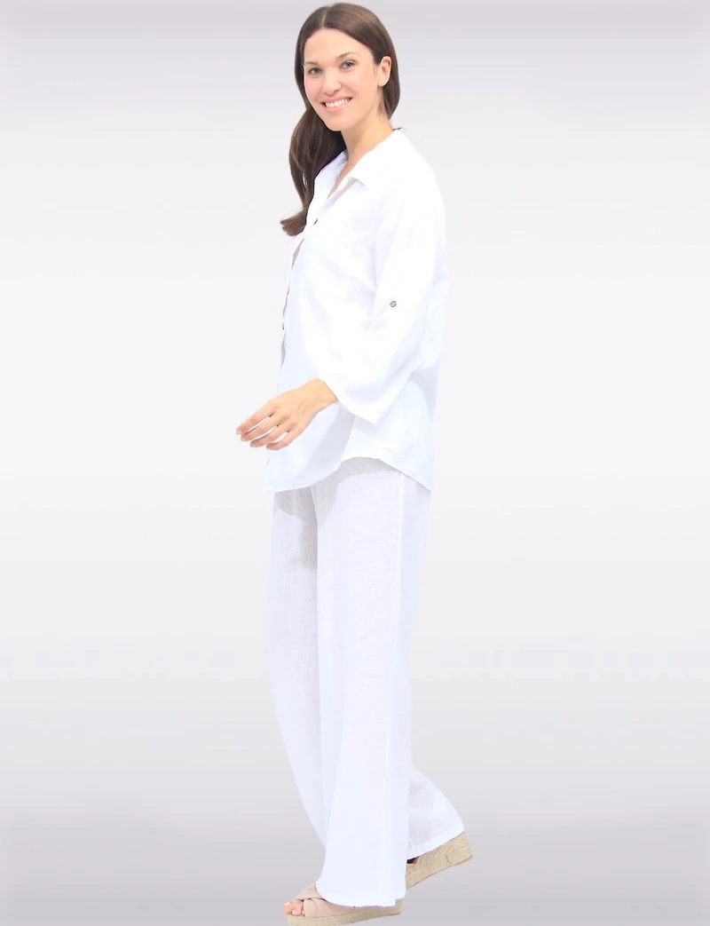 Chemise Ample Boutonnée À Manches 3/4 Ajustables en Lin Mélangé Par Froccella