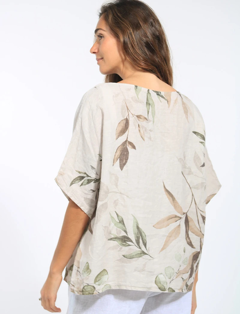 Haut Ample en Lin à Imprimé Feuilles et Manches Courtes Tombantes par Froccella