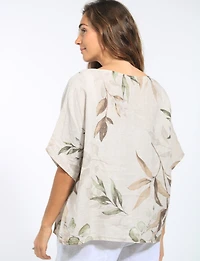 Haut Ample en Lin à Imprimé Feuilles et Manches Courtes Tombantes par Froccella