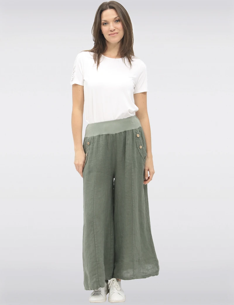 Pantalon Large Décontracté en Lin Avec Poches Boutons par Froccella