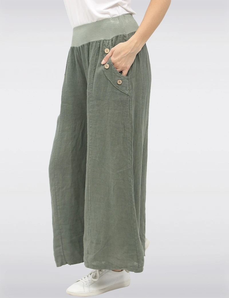 Pantalon Large Décontracté en Lin Avec Poches Boutons par Froccella