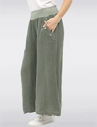 Pantalon Large Décontracté en Lin Avec Poches  Boutons par Froccella