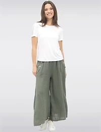 Pantalon Large Décontracté en Lin Avec Poches  Boutons par Froccella