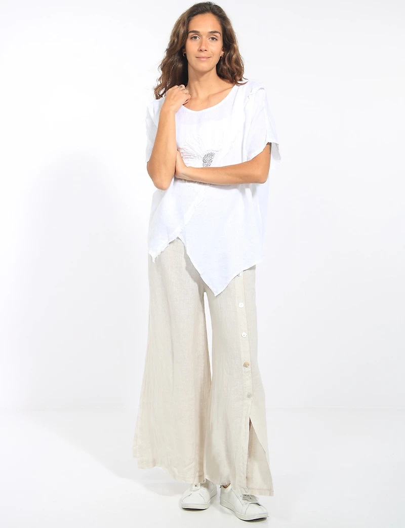 Haut Ample en Lin Ourlet Asymétrique Avec Fleur Paillettes par Froccella