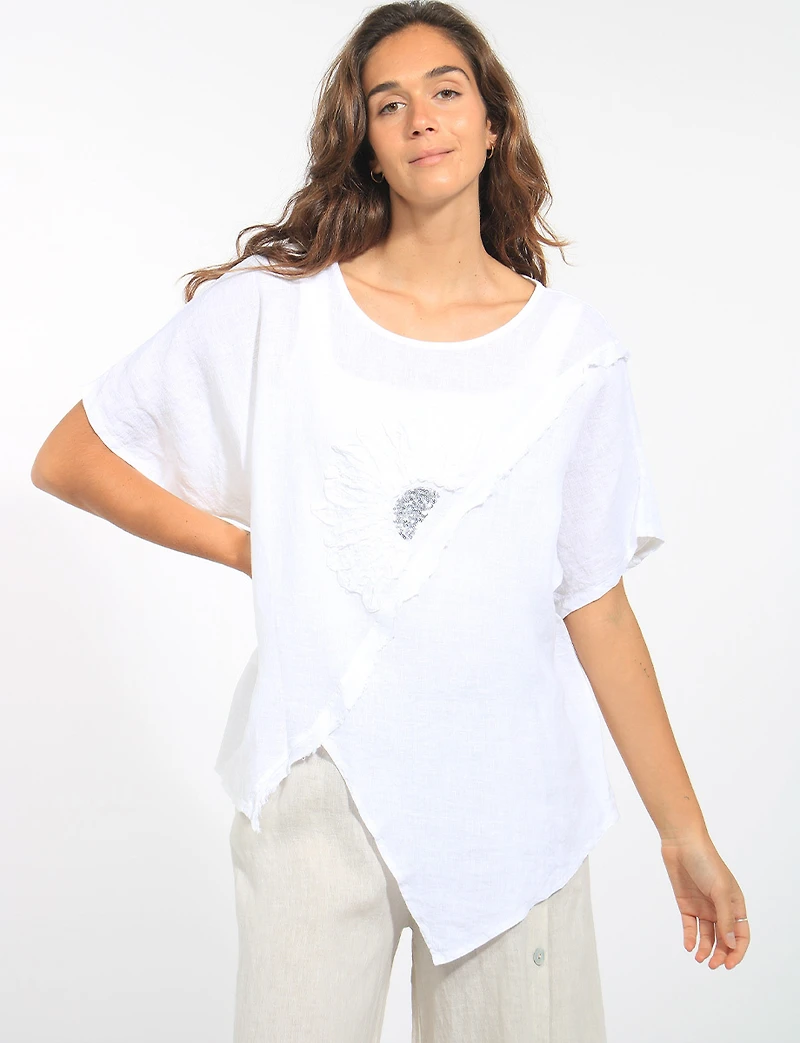 Haut Ample en Lin Ourlet Asymétrique Avec Fleur Paillettes par Froccella