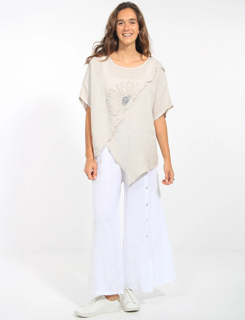 Haut Ample en Lin Ourlet Asymétrique Avec Fleur Paillettes par Froccella