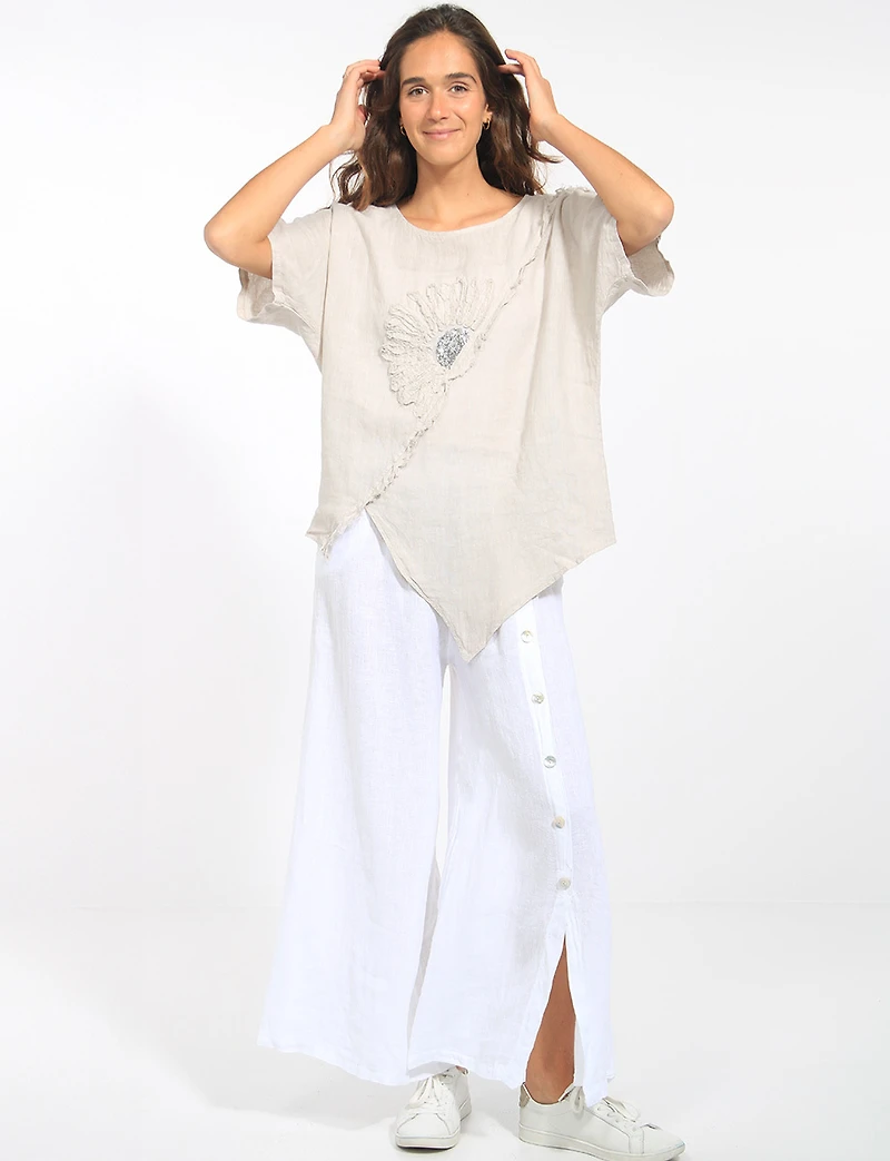Haut Ample en Lin Ourlet Asymétrique Avec Fleur Paillettes par Froccella