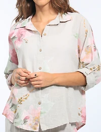 Chemise Boutonnée Manches Longues Coupe Ample en Lin Motif Floral Par Froccella