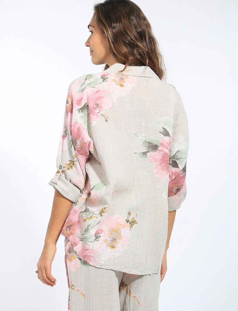 Chemise Boutonnée Manches Longues Coupe Ample en Lin Motif Floral Par Froccella
