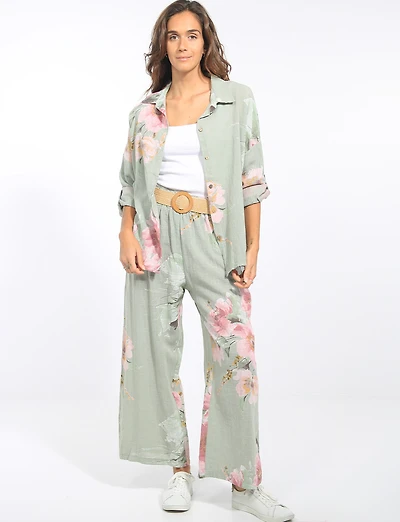Pantalon en Lin à Jambes Larges et Imprimé Floral Avec Ceinture par Froccella