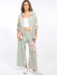 Pantalon en Lin à Jambes Larges et Imprimé Floral Avec Ceinture par Froccella