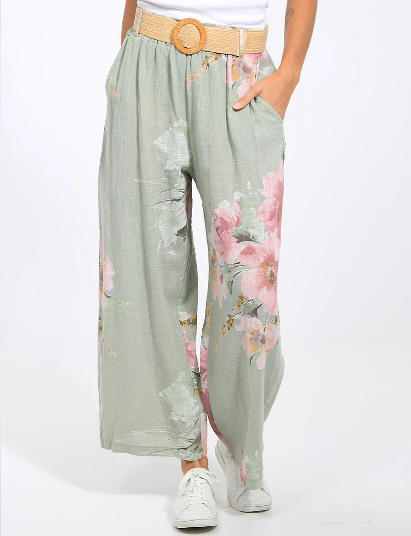 Pantalon en Lin à Jambes Larges et Imprimé Floral Avec Ceinture par Froccella