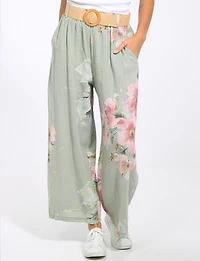 Pantalon en Lin à Jambes Larges et Imprimé Floral Avec Ceinture par Froccella