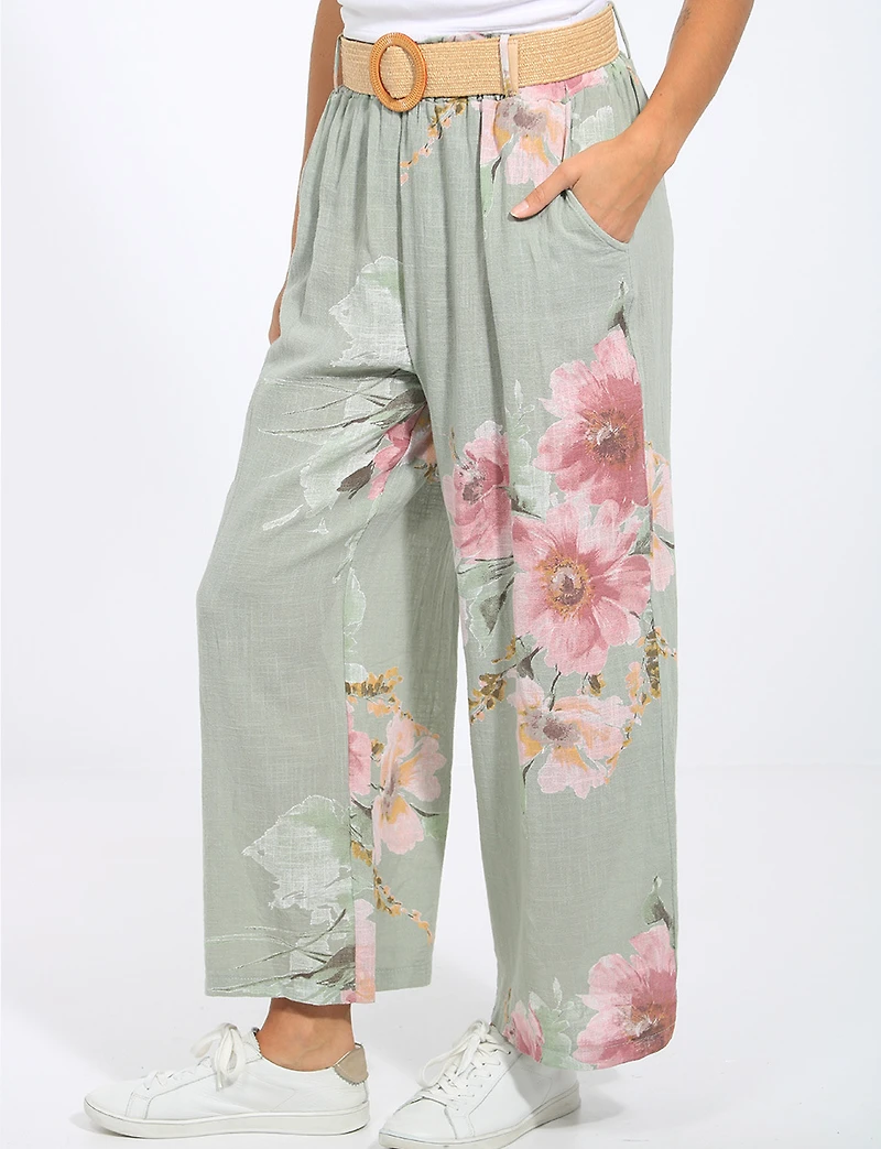 Pantalon en Lin à Jambes Larges et Imprimé Floral Avec Ceinture par Froccella