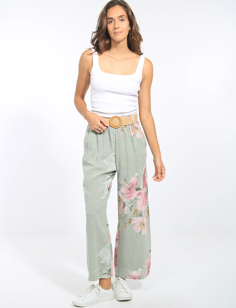 Pantalon en Lin à Jambes Larges et Imprimé Floral Avec Ceinture par Froccella