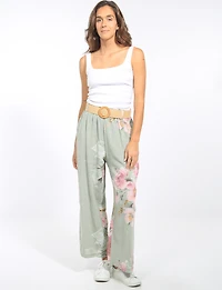 Pantalon en Lin à Jambes Larges et Imprimé Floral Avec Ceinture par Froccella