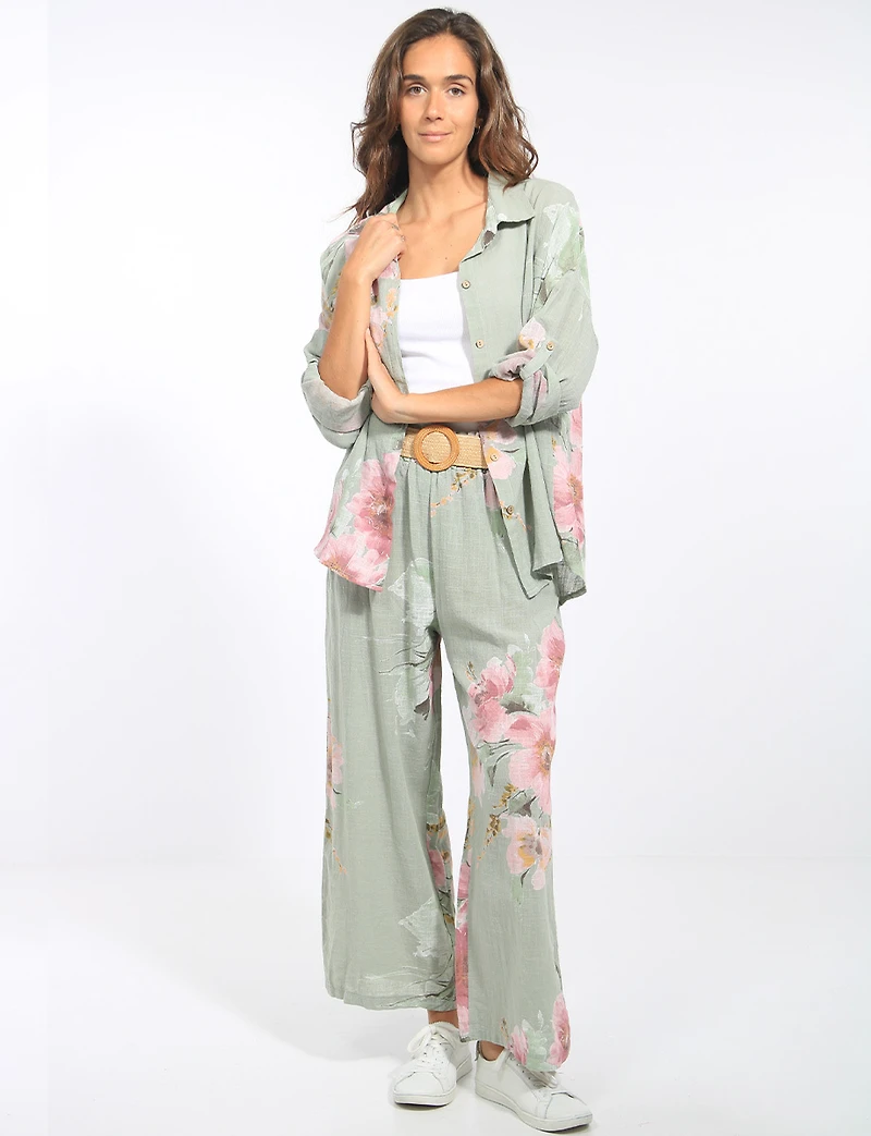 Pantalon en Lin à Jambes Larges et Imprimé Floral Avec Ceinture par Froccella