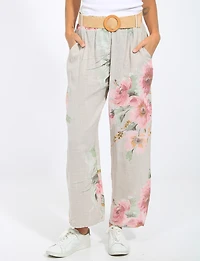 Pantalon en Lin À Jambes Larges Et Imprimé Floral Avec Ceinture Par Froccella