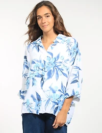 Chemise en Lin Imprimé Floral Coupe Décontractée à Manches Courtes par Froccella