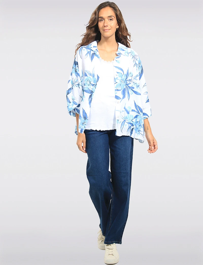 Chemise en Lin Imprimé Floral Coupe Décontractée à Manches Courtes par Froccella