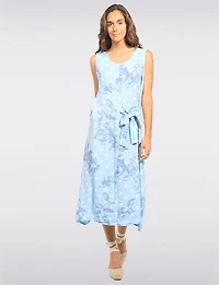 Robe Sans Manches en Lin Imprimée À Pois & Fleurs Col en V Et Nœud Par Froccella