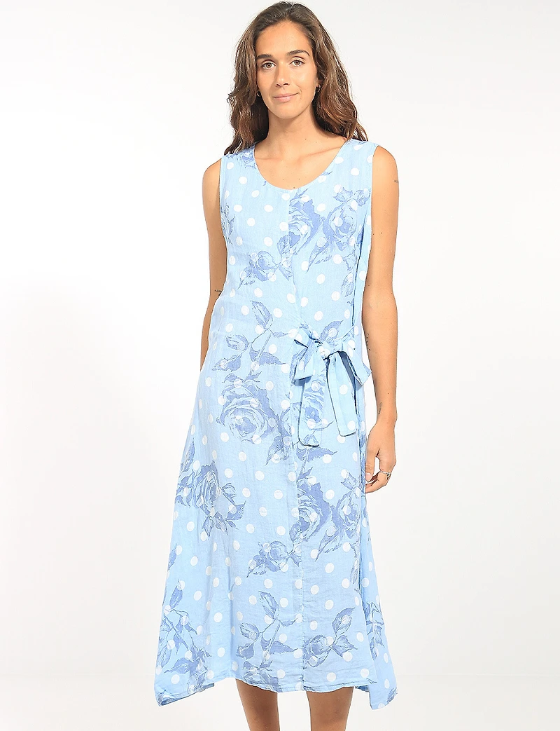 Robe Sans Manches en Lin Imprimée À Pois & Fleurs Col en V Et Nœud Par Froccella
