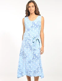 Robe Sans Manches en Lin Imprimée À Pois & Fleurs Col en V Et Nœud Par Froccella